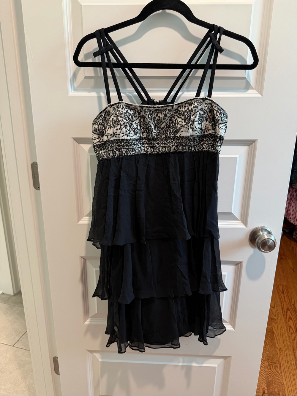 Jenni Black & Ivory Embroidered Tiered Chiffon Mini Dress